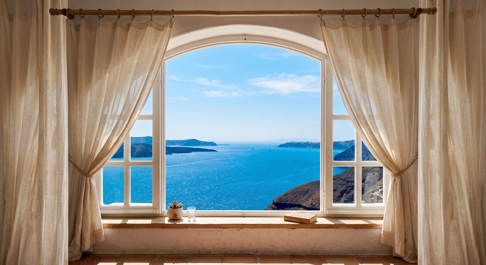 An arched window with linen curtains looking out over a deep blue Mediterranean sea and distant islands under a clear sky.